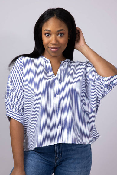 Pinstripe Split Neck Button Front Top for Women in Navy