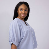 Pinstripe Split Neck Button Front Top for Women in Navy