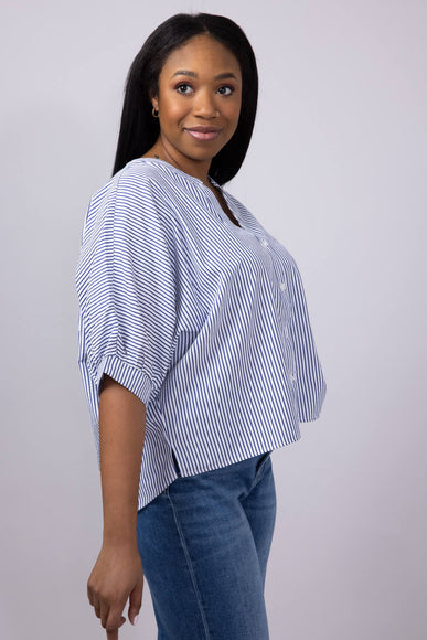 Pinstripe Split Neck Button Front Top for Women in Navy