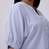 Pinstripe Split Neck Button Front Top for Women in Navy