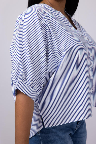 Pinstripe Split Neck Button Front Top for Women in Navy