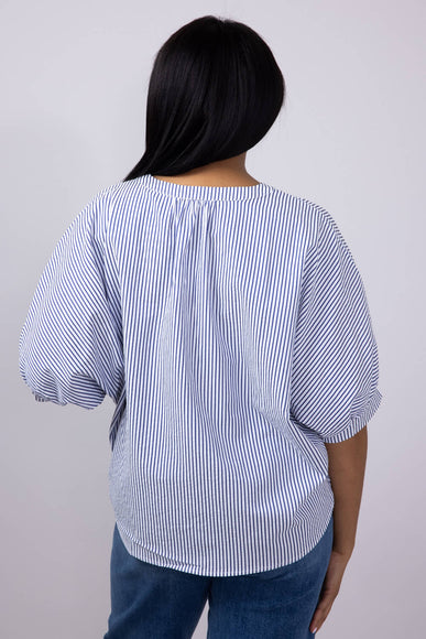 Pinstripe Split Neck Button Front Top for Women in Navy