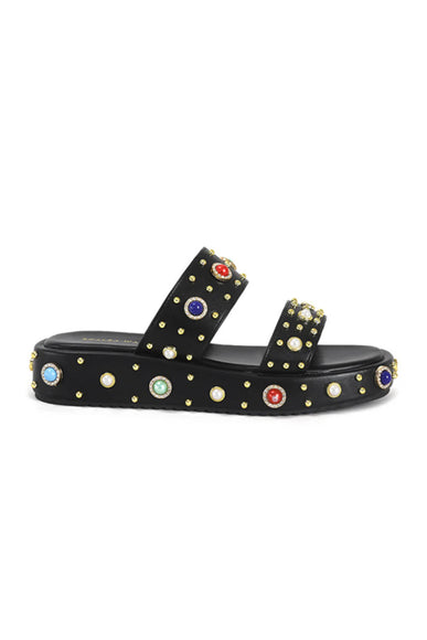 Azalea Wang Rajah Rhinestone Studded Platform Slide Sandals for Women in Black