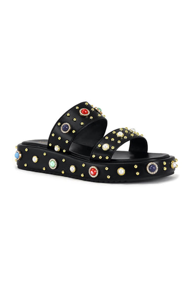 Azalea Wang Rajah Rhinestone Studded Platform Slide Sandals for Women in Black