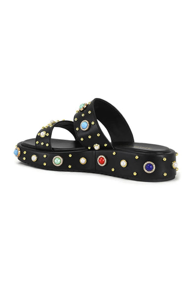 Azalea Wang Rajah Rhinestone Studded Platform Slide Sandals for Women in Black