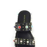 Azalea Wang Rajah Rhinestone Studded Platform Slide Sandals for Women in Black