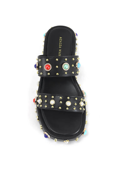 Azalea Wang Rajah Rhinestone Studded Platform Slide Sandals for Women in Black