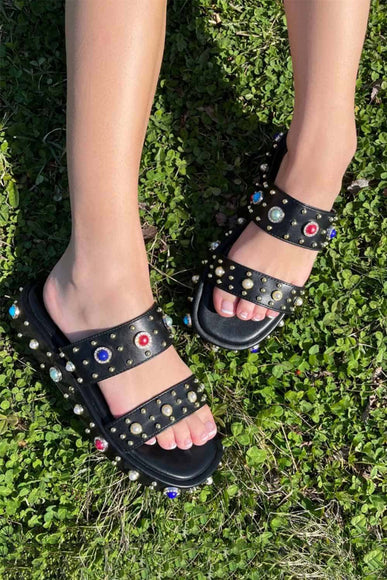 Azalea Wang Rajah Rhinestone Studded Platform Slide Sandals for Women in Black