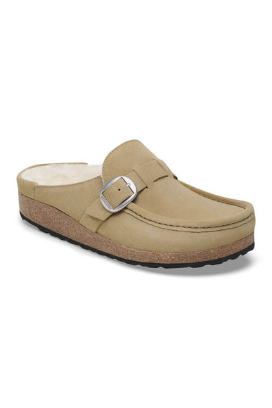 Birkenstock Buckley Shearling Suede Mules for Women in Taupe
