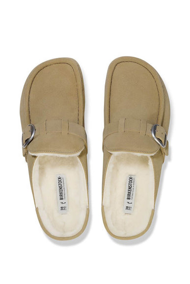 Birkenstock Buckley Shearling Suede Mules for Women in Taupe