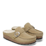 Birkenstock Buckley Shearling Suede Mules for Women in Taupe