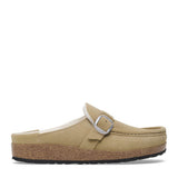 Birkenstock Buckley Shearling Suede Mules for Women in Taupe