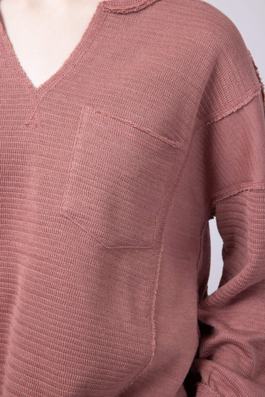 Blu Pepper Notched V-neck Knit Top for Women in Dusty Rose