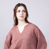 Blu Pepper Notched V-neck Knit Top for Women in Dusty Rose