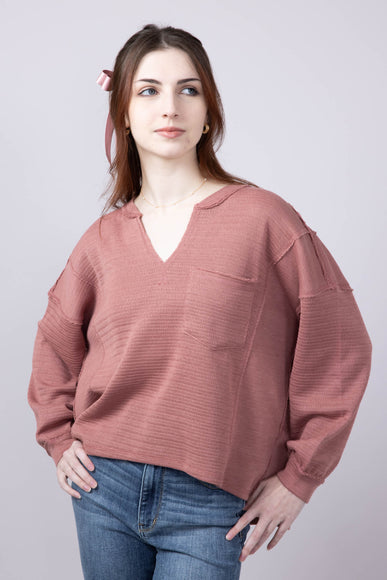 Blu Pepper Notched V-neck Knit Top for Women in Dusty Rose