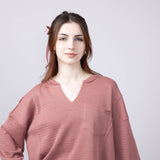 Blu Pepper Notched V-neck Knit Top for Women in Dusty Rose