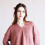 Blu Pepper Notched V-neck Knit Top for Women in Dusty Rose