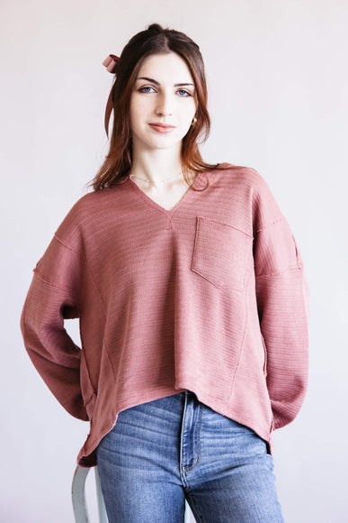 Blu Pepper Notched V-neck Knit Top for Women in Dusty Rose