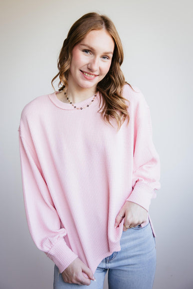 Blu Pepper Crewneck Ribbed Knit Shirt for Women in Rose