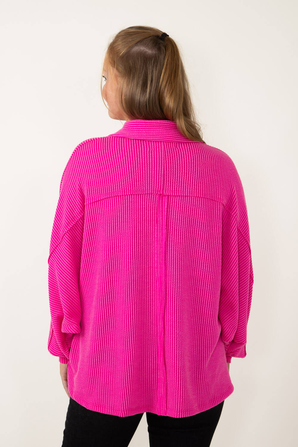 Bucketlist French Terry Button Up Sweater for Women in Hot Pink