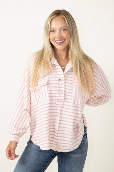 Bucketlist Collared Oversized Stripe Button Up Shirt for Women in Pink