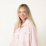 Bucketlist Collared Oversized Stripe Button Up Shirt for Women in Pink