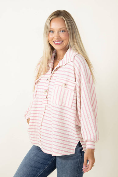 Bucketlist Collared Oversized Stripe Button Up Shirt for Women in Pink