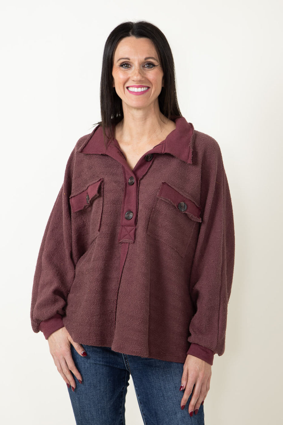 Bucketlist French Terry Button Up Sweater for Women in Burgundy