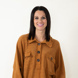 Bucketlist French Terry Button Up Sweater for Women in Camel Brown 