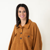 Bucketlist French Terry Button Up Sweater for Women in Camel Brown 