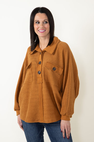 Bucketlist French Terry Button Up Sweater for Women in Camel Brown 