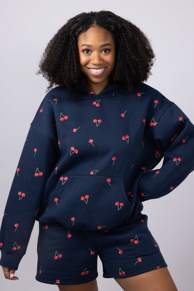 Cherry Screen Printed Hoodie for Women in Navy