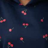 Cherry Screen Printed Hoodie for Women in Navy