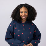 Cherry Screen Printed Hoodie for Women in Navy