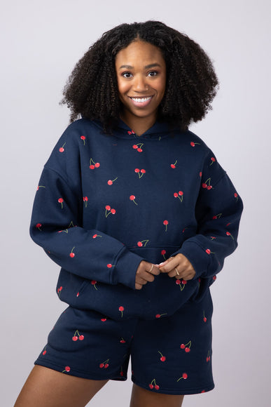 Cherry Screen Printed Hoodie for Women in Navy