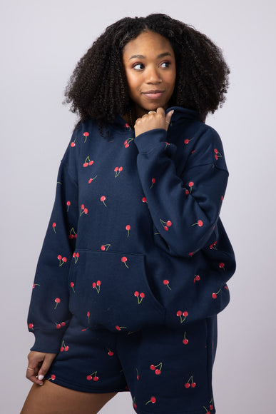 Cherry Screen Printed Hoodie for Women in Navy