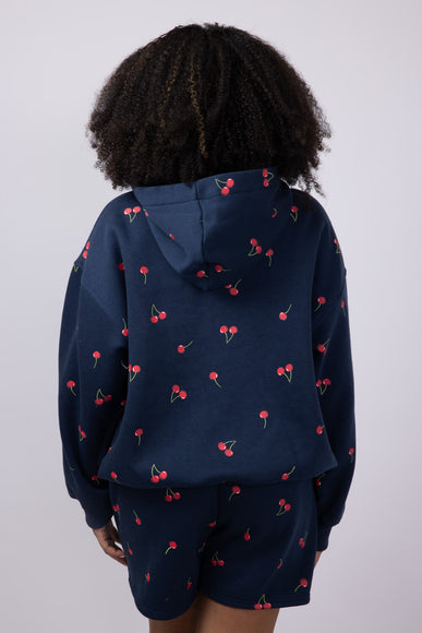 Cherry Screen Printed Hoodie for Women in Navy