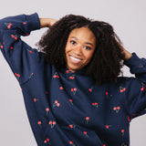 Cherry Screen Printed Hoodie for Women in Navy