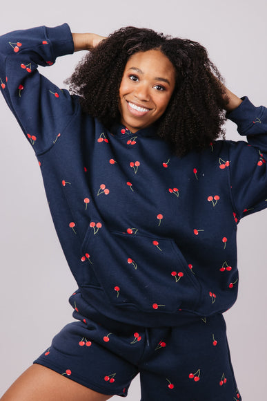 Cherry Screen Printed Hoodie for Women in Navy