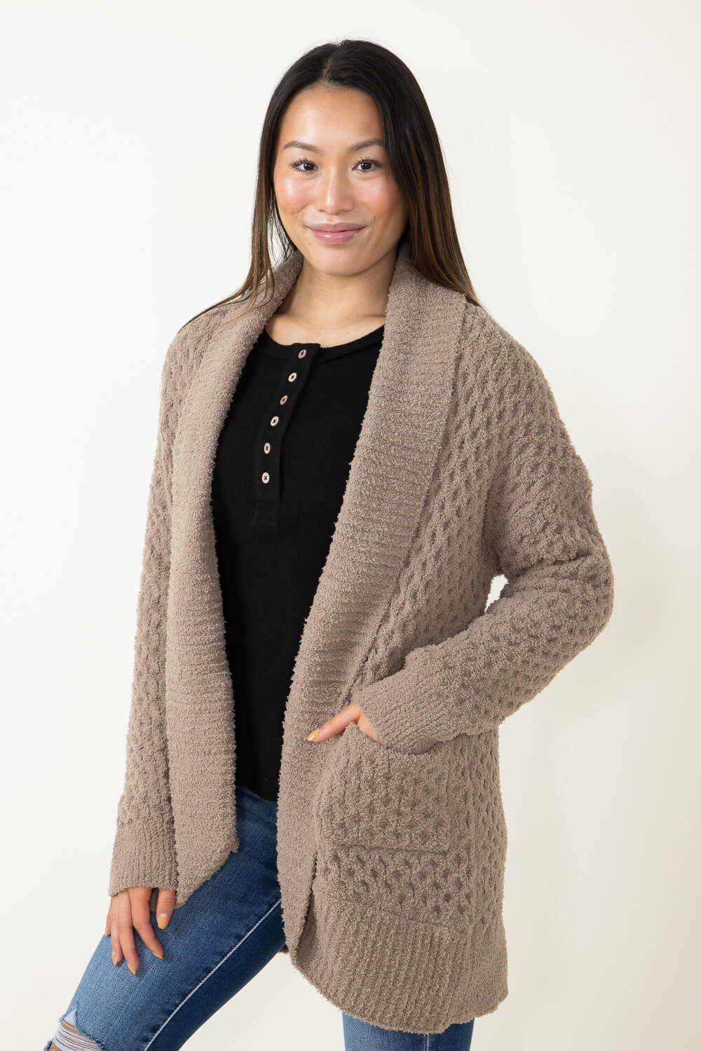 Comfy Textured Knit Sweater Cardigan for Women in Brown