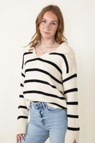 Stripe Collared Sweater for Women in Natural