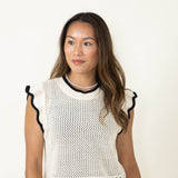 Crochet Flutter Sleeve Sweater Top for Women in White/Black