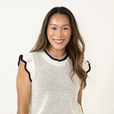 Crochet Flutter Sleeve Sweater Top for Women in White/Black