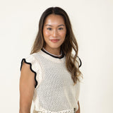 Crochet Flutter Sleeve Sweater Top for Women in White/Black