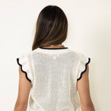 Crochet Flutter Sleeve Sweater Top for Women in White/Black