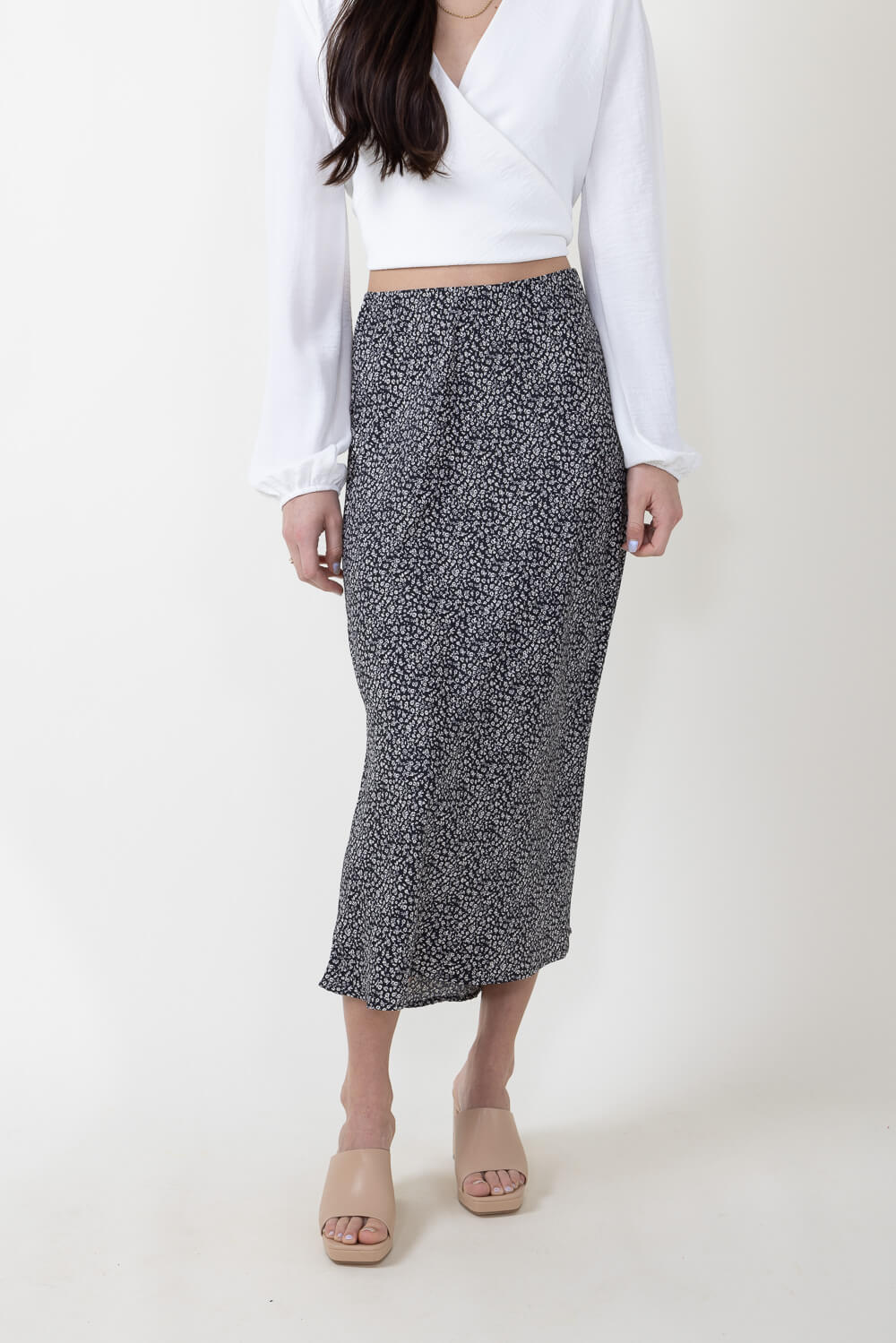 Ditsy Floral Midi Skirt for Women in Black