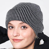 Vertical Stripe Knit Beanie for Women in Black/White