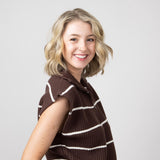 Elan Stripe Zip Neck Cap Sleeve Sweater Shirt for Women in Brown Beige