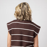 Elan Stripe Zip Neck Cap Sleeve Sweater Shirt for Women in Brown Beige