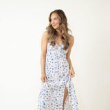 Floral Side Slit Midi Dress for Women in Teal Ivory